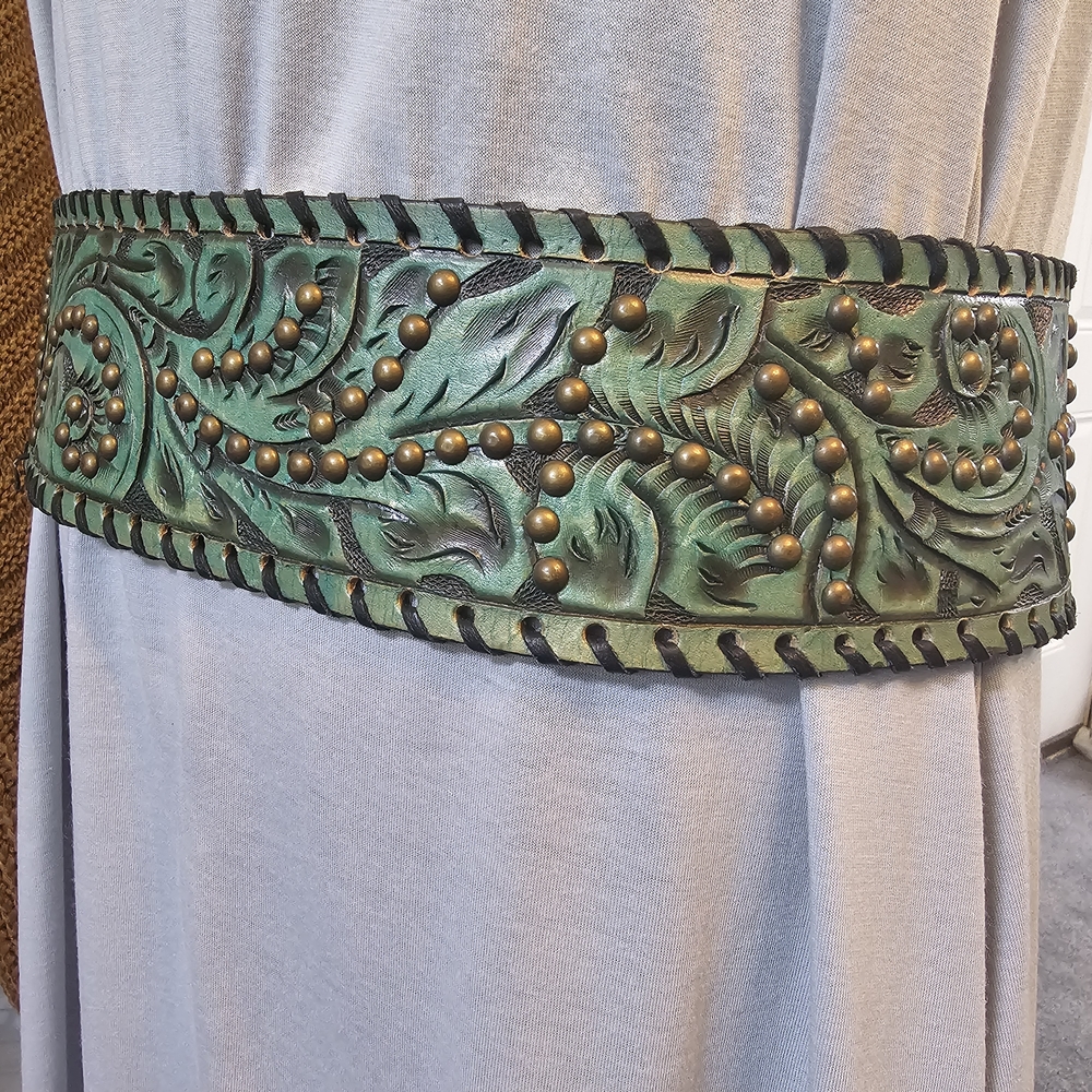 ORIGINAL JUAN ANTONIO Elegant Teal Hand Tooled Leather Belt Brass Accents Large - Picture 5 of 6